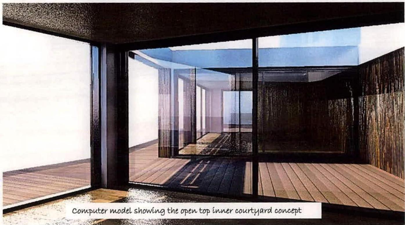 A computer-generated architectural rendering showing an open-top inner courtyard concept with glass walls and wooden decking.