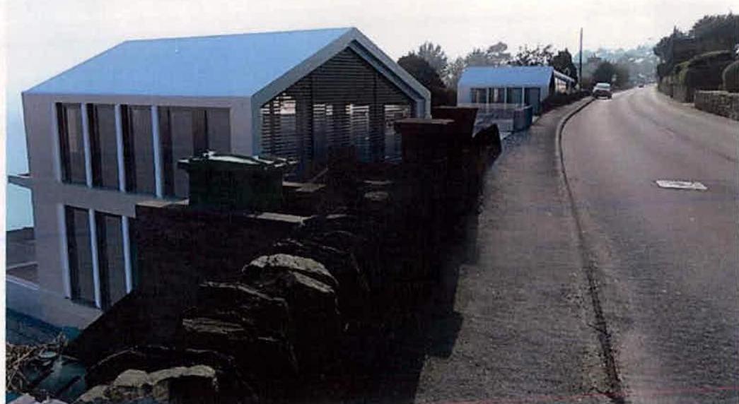 A visualisation or photograph showing a proposed modern detached dwelling with a blue roof situated next to a stone wall and a curving road.