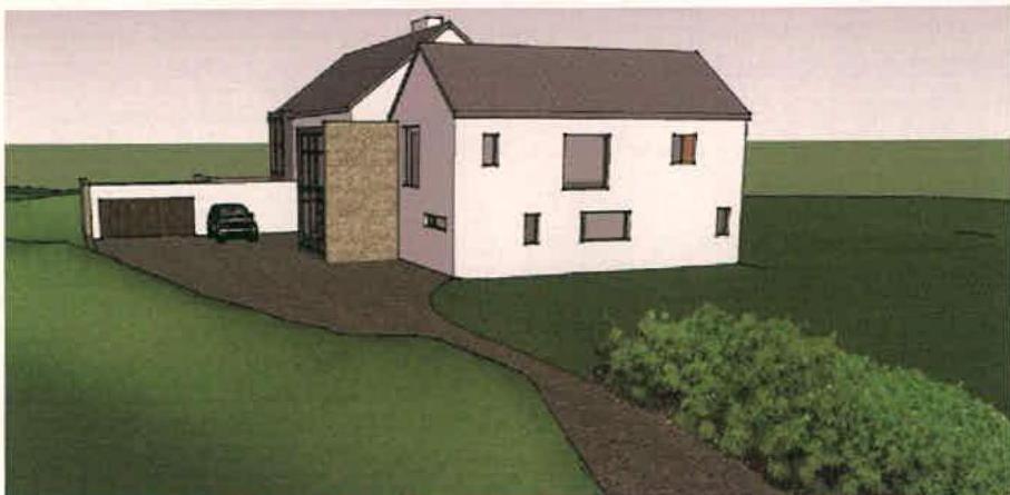 A 3D architectural rendering showing a proposed two-story detached house with a garage and driveway in a rural setting.