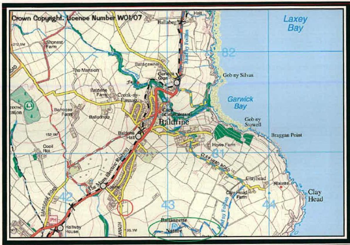 A scanned Ordnance Survey map showing the Baldine area of the Isle of Man, highlighting the site location near the coast and railway.