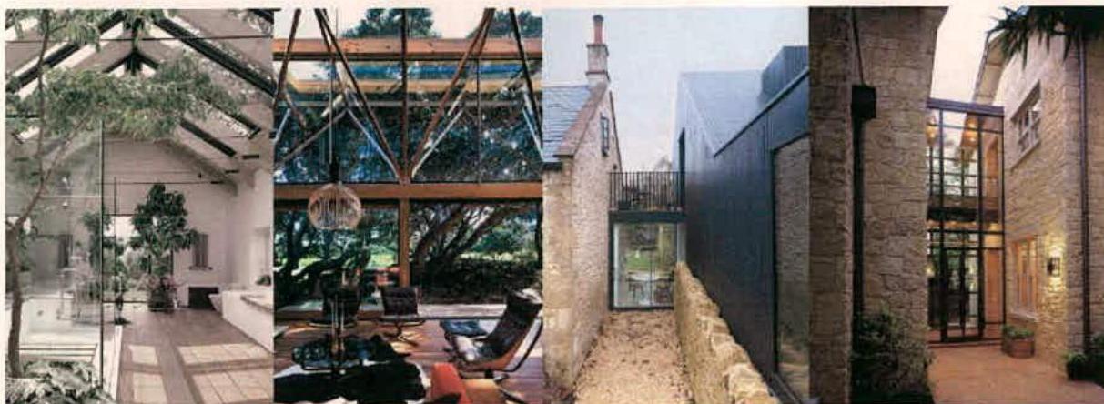 A collage of four photographs displaying interior and exterior views of a property featuring traditional stone walls and modern glass extensions.