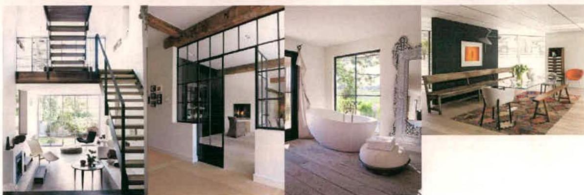 A collage of interior visualizations for a proposed dwelling, featuring a modern staircase, glass partition walls, a freestanding bathtub, and a dining area with exposed timber beams.