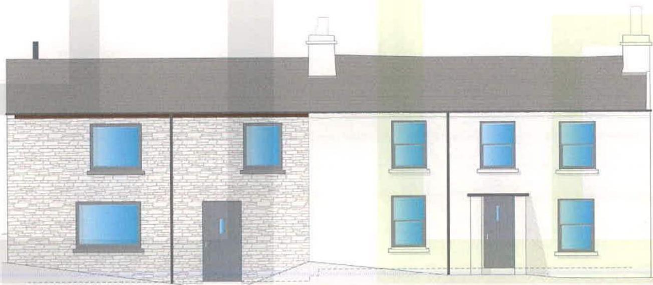Architectural elevation drawing showing a proposed two-storey extension with stone cladding attached to an existing white-rendered dwelling.
