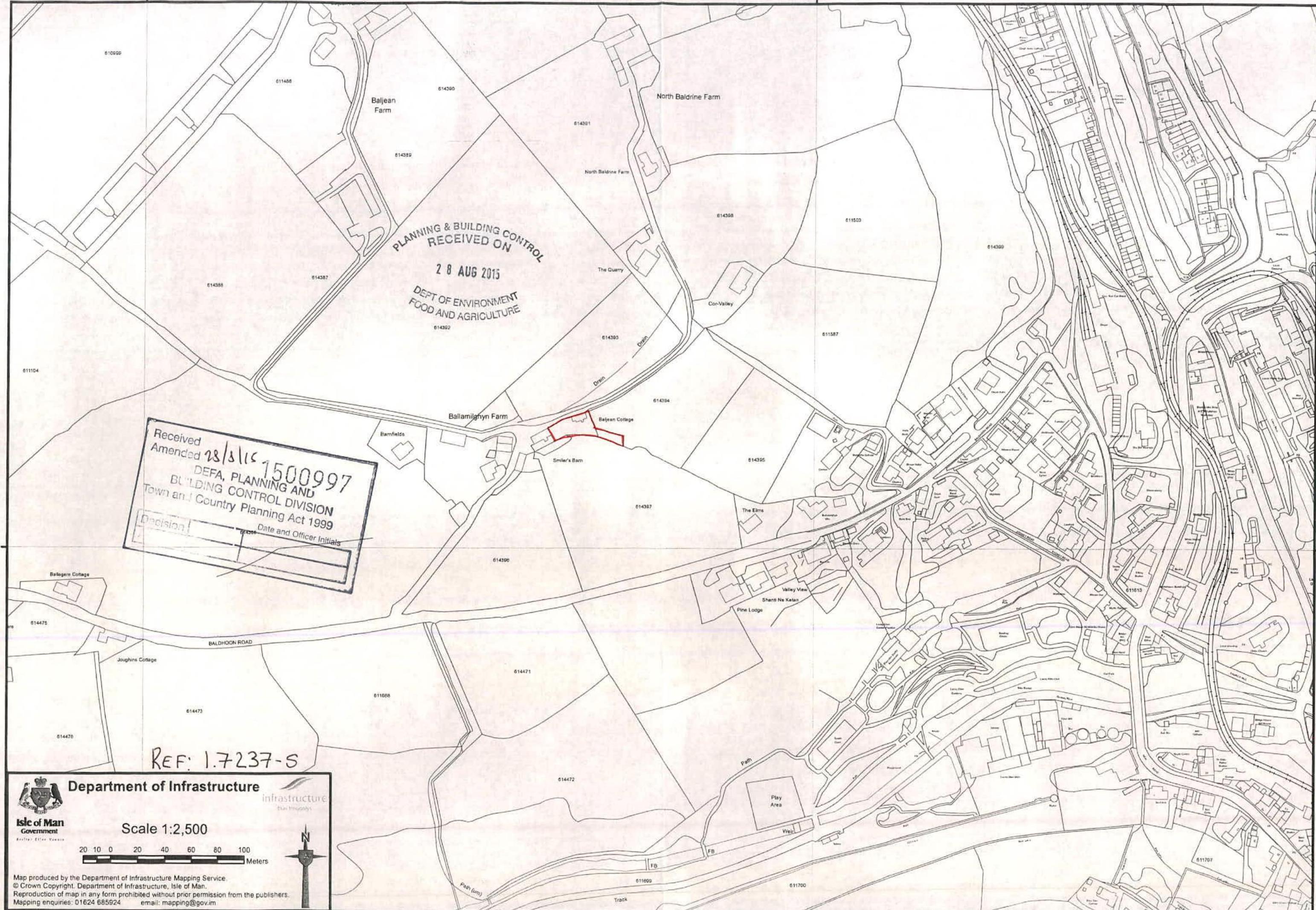 A site location map from the Isle of Man Department of Infrastructure showing the proposed development site outlined in red amidst rural fields and roads.
