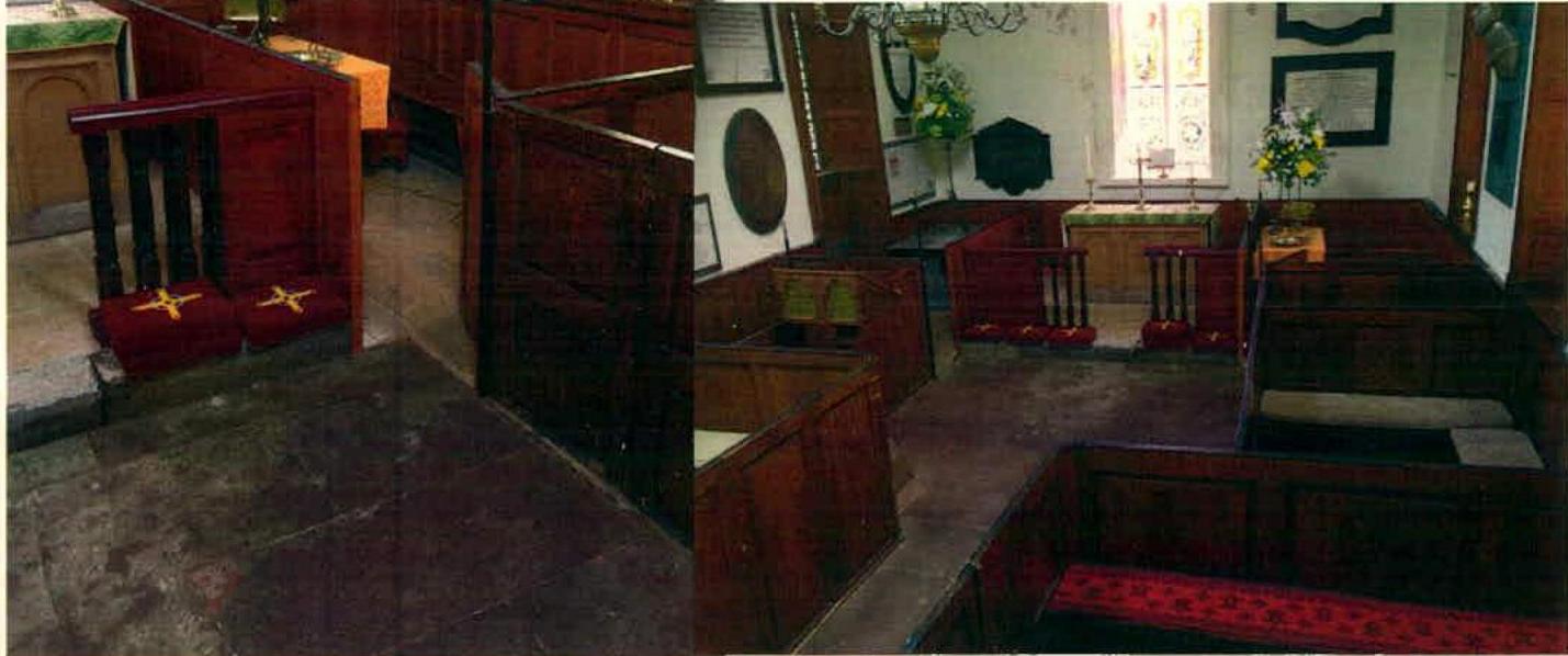Composite photograph showing the interior of a historic church with wooden pews, stone flooring, and a raised chancel area.