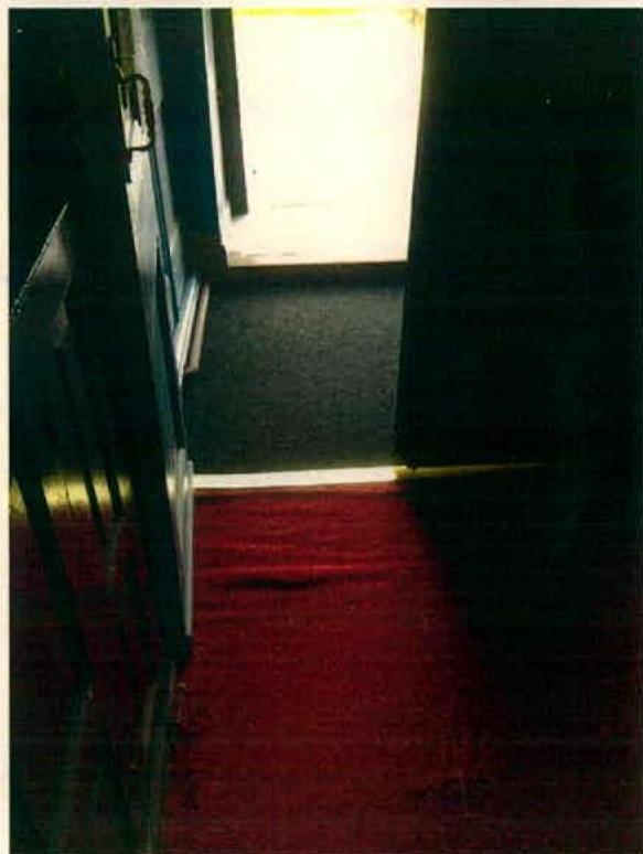 A low-quality photograph showing a dark interior hallway with red carpeting leading to a doorway and darker flooring.