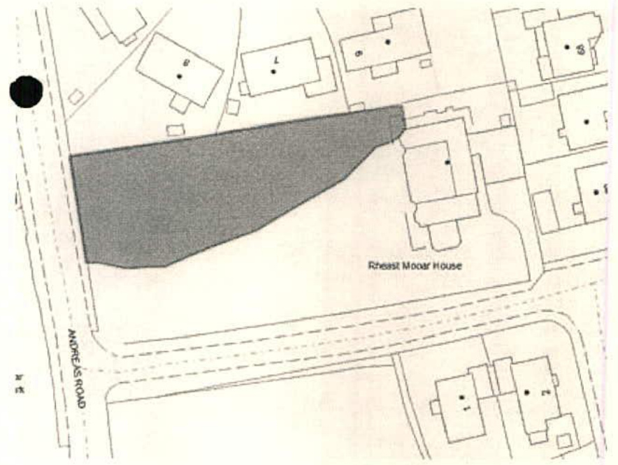 A site plan showing a shaded plot of land adjacent to a building labeled 'Rheast Mooar House' near Andreas Road.