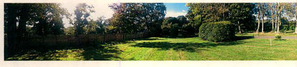 A panoramic photograph showing a grassy plot of land bordered by a wooden fence on the left and mature trees and hedges in the background.