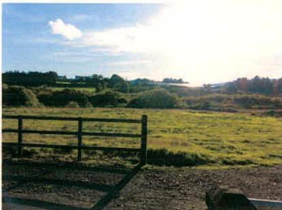 A photograph showing a rural grassy field with a wooden fence in the foreground and a coastline visible in the distance.