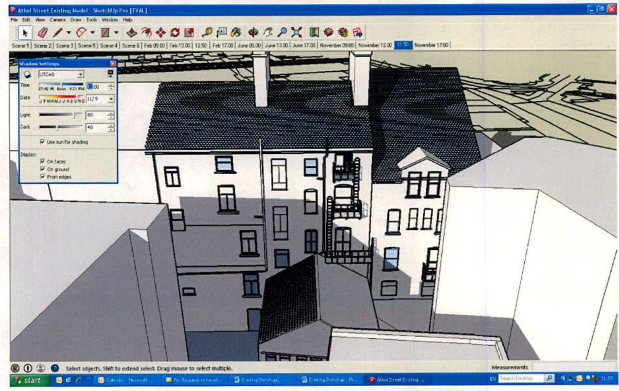 A screenshot of a 3D architectural model in SketchUp software showing the existing terraced building facade and roofline with shadow settings visible.