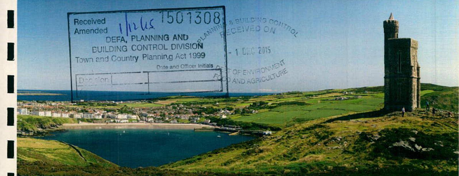 A photograph of a coastal landscape featuring a town, bay, and stone tower, overlaid with large administrative planning stamps.