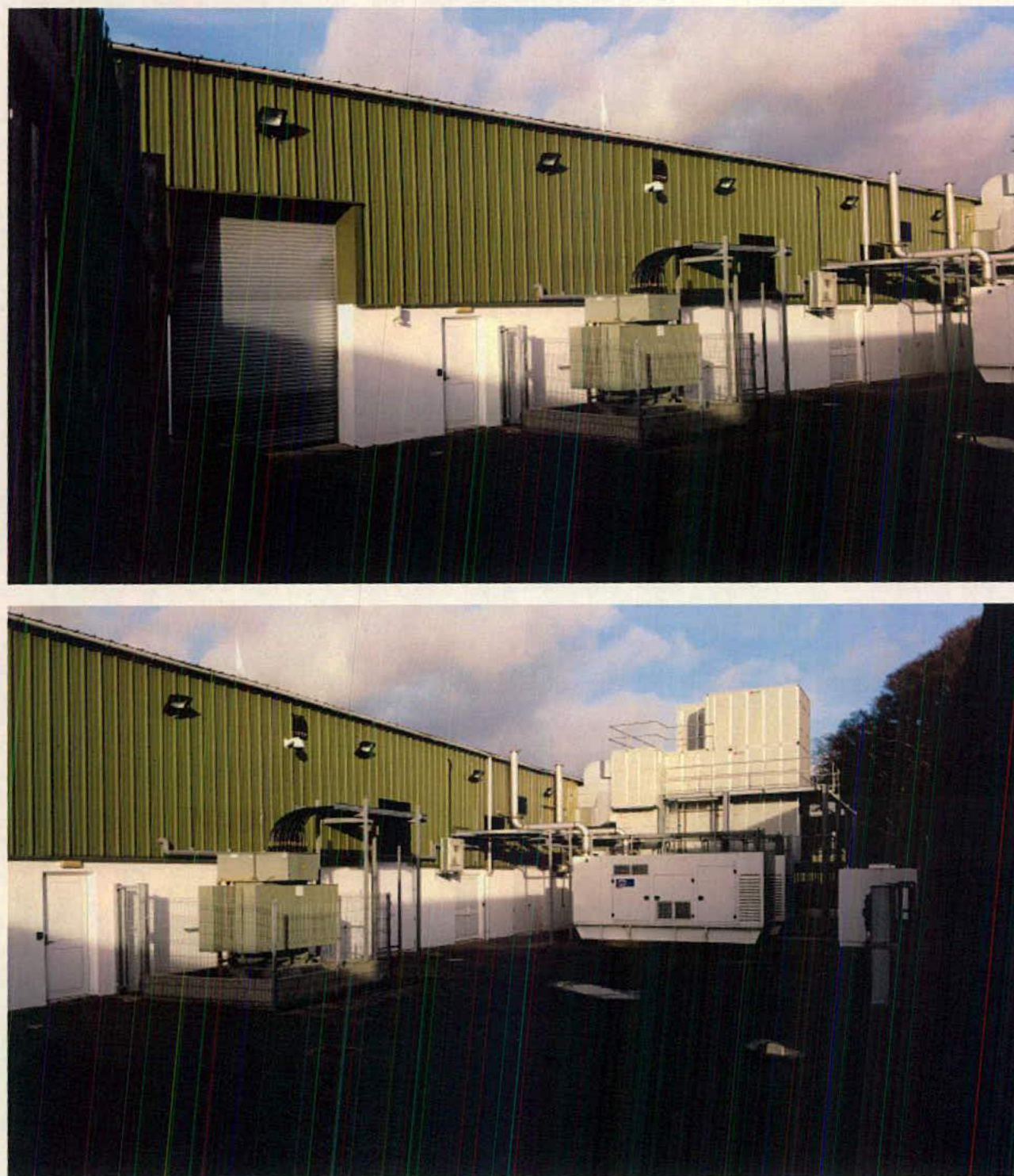 Two photographs showing the exterior of a large industrial building with green cladding and large white mechanical units installed in the rear yard.