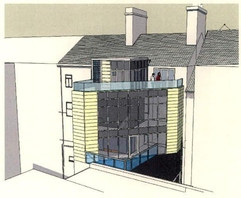 An architectural perspective drawing illustrating a large, multi-storey glass extension with terraces attached to the rear of a house.