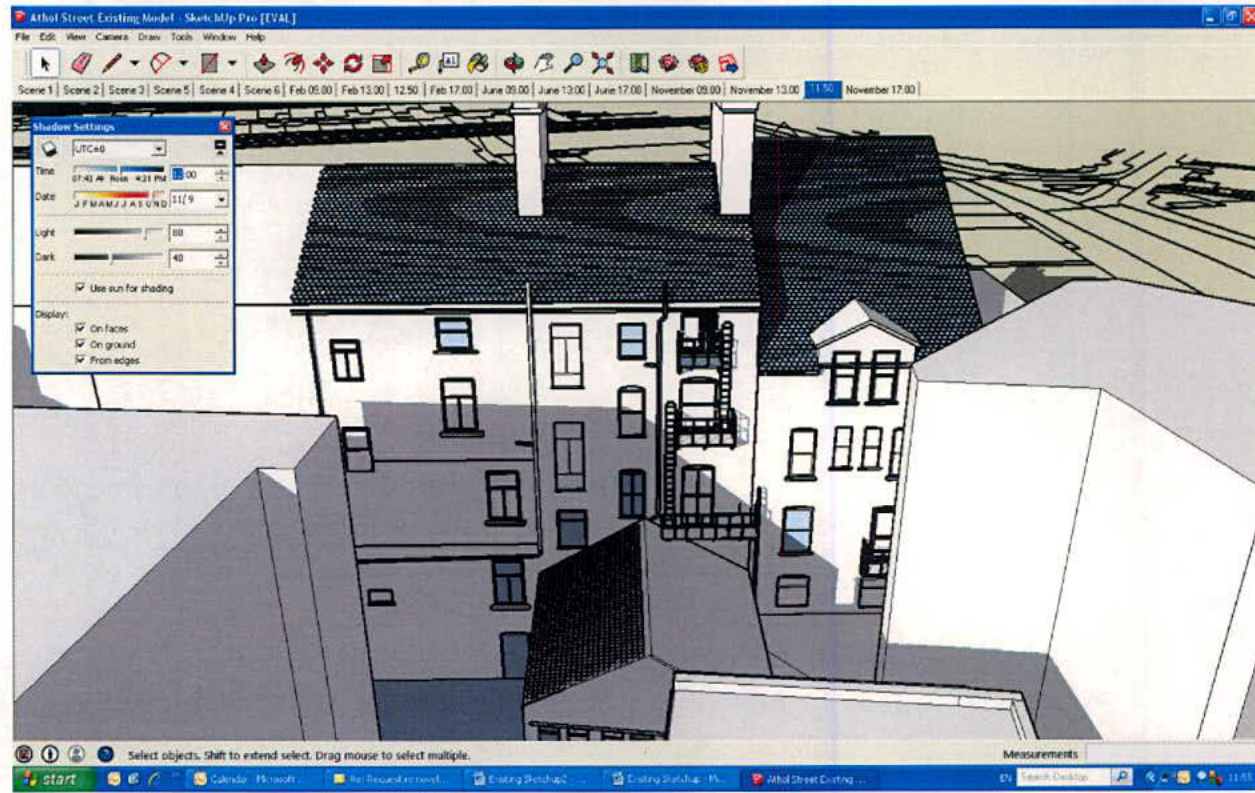 A screenshot of a 3D architectural model in SketchUp software displaying a terraced building with shadow analysis settings visible on the left.
