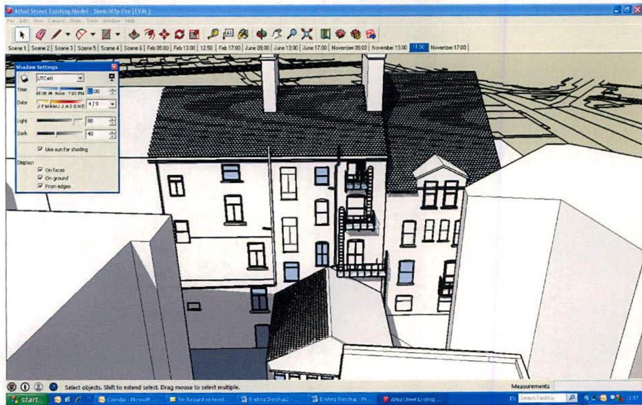 A screenshot of a 3D architectural model of a multi-story terraced building displayed within SketchUp Pro software, showing shadow analysis settings and surrounding context.