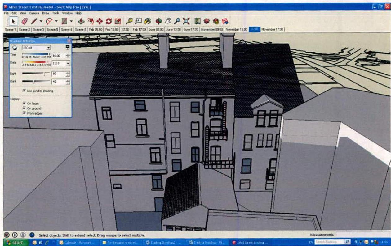 A screenshot of SketchUp Pro software displaying a 3D shaded model of a multi-story terraced residential building.