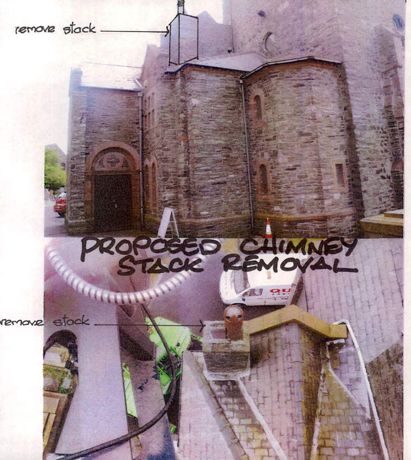 An annotated composite photograph showing the exterior and roof of a stone building with arrows and text indicating the proposed removal of a chimney stack.