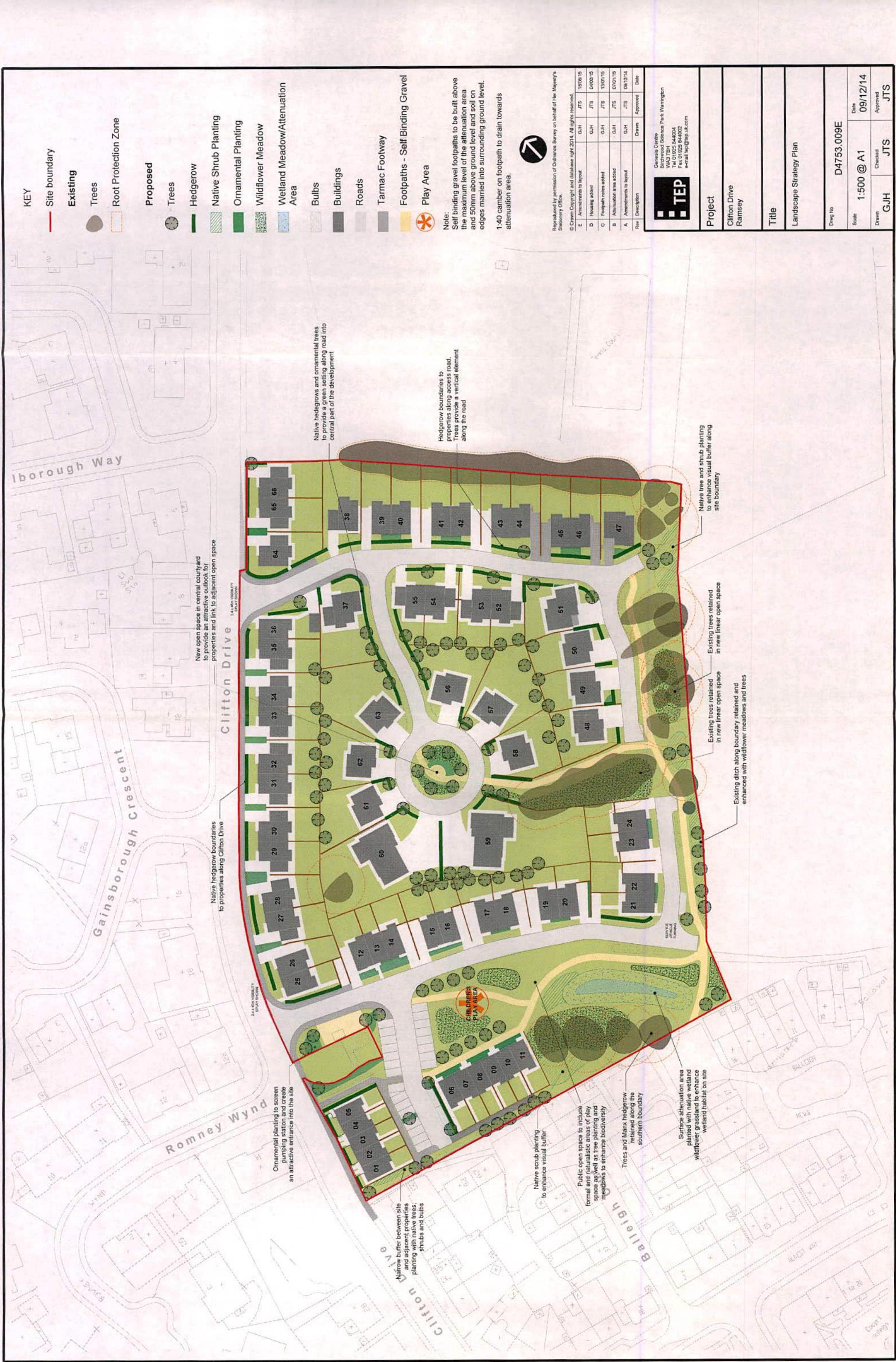This image displays a detailed landscape strategy plan for a residential housing development, showing the layout of new buildings, roads, and green spaces.