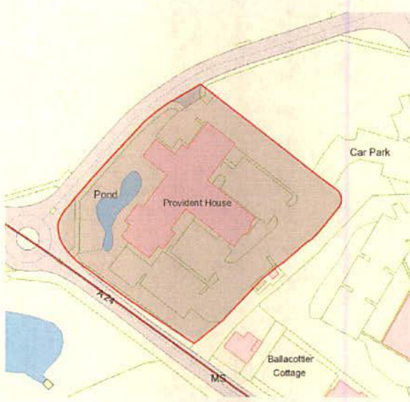 A site plan showing the layout of Provident House, a pond, and the A24 road with a red boundary line indicating the application area.