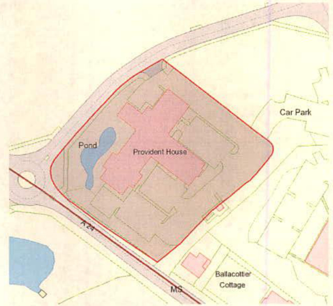 A site plan showing the layout of Provident House, a pond, and a car park area outlined by a red boundary line near the A24 road.