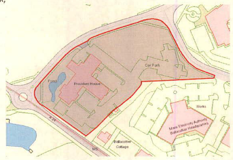 A site plan showing the application area outlined in red, containing Provident House and a car park adjacent to the A24 road.
