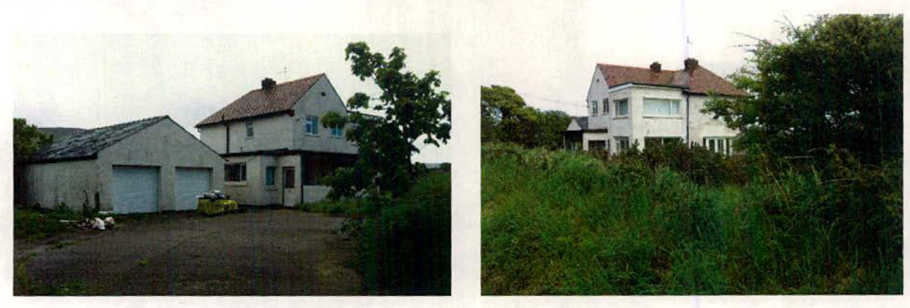 The image displays two exterior views of a property, featuring a white house and an adjacent outbuilding with garage doors.