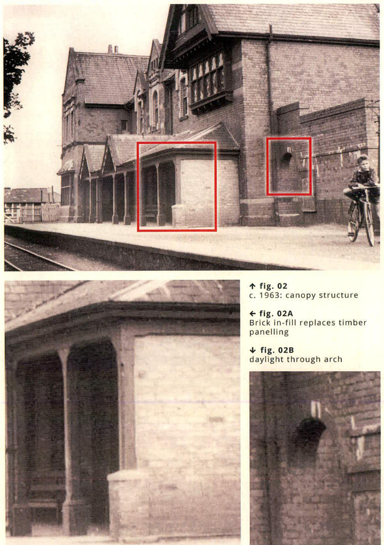 Historical black and white photographs of a railway station building, featuring red boxes highlighting specific architectural details like a canopy and brick infill with accompanying captions.