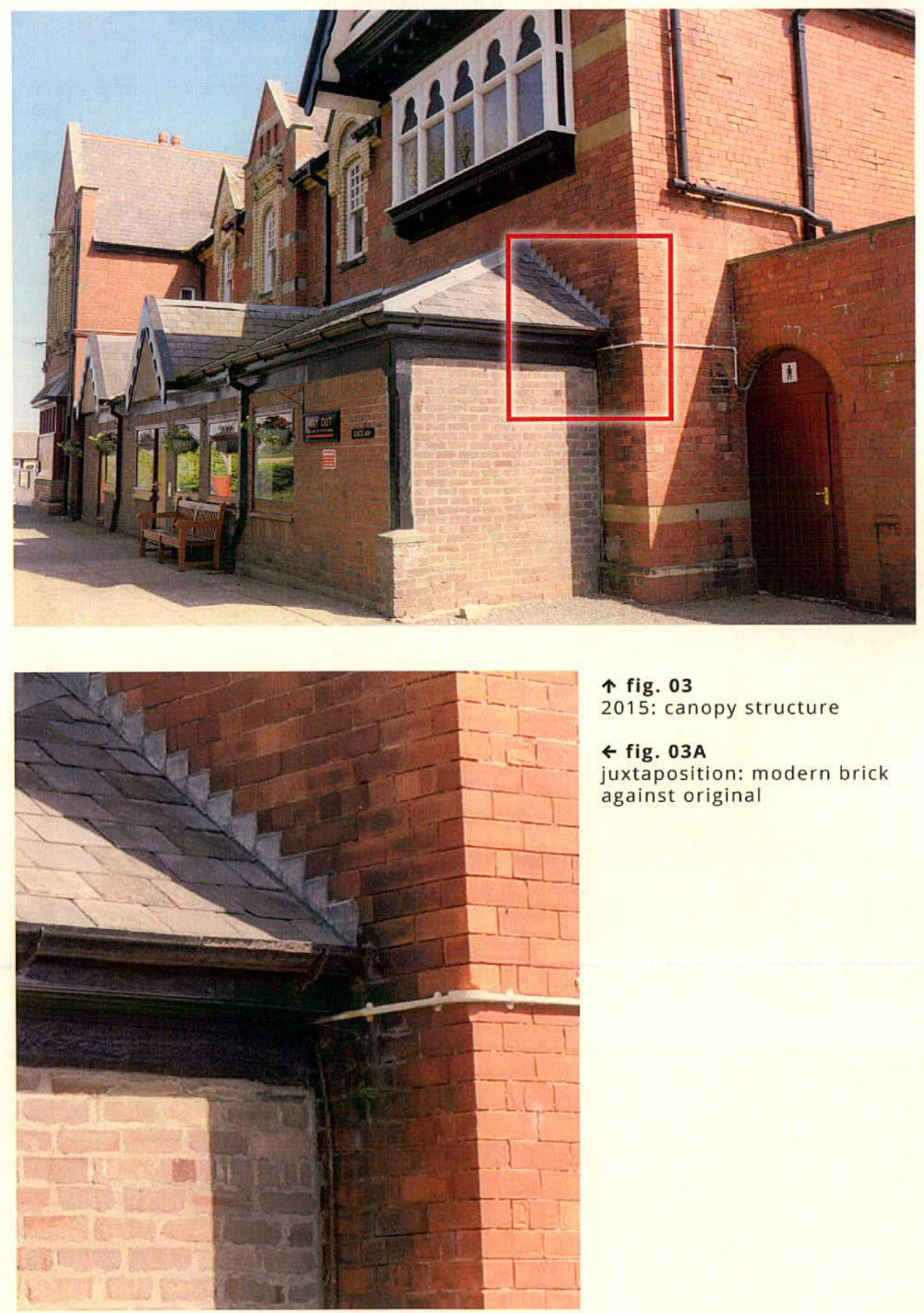 Exterior photographs of a brick railway station building showing a canopy structure and a close-up of the brickwork junction between modern and original sections.
