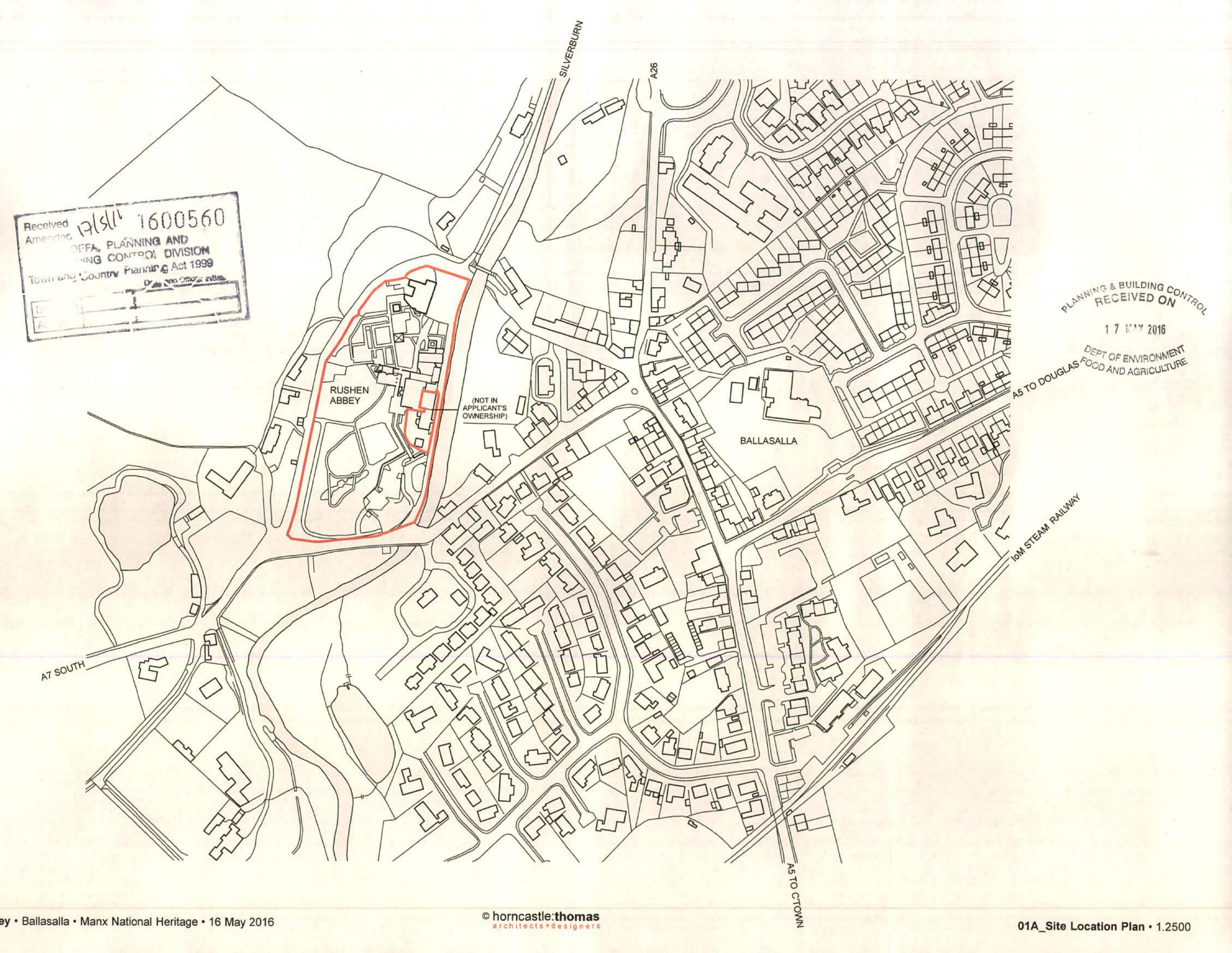 A site location plan showing the property boundary outlined in red near Rushen Abbey in Ballasalla.