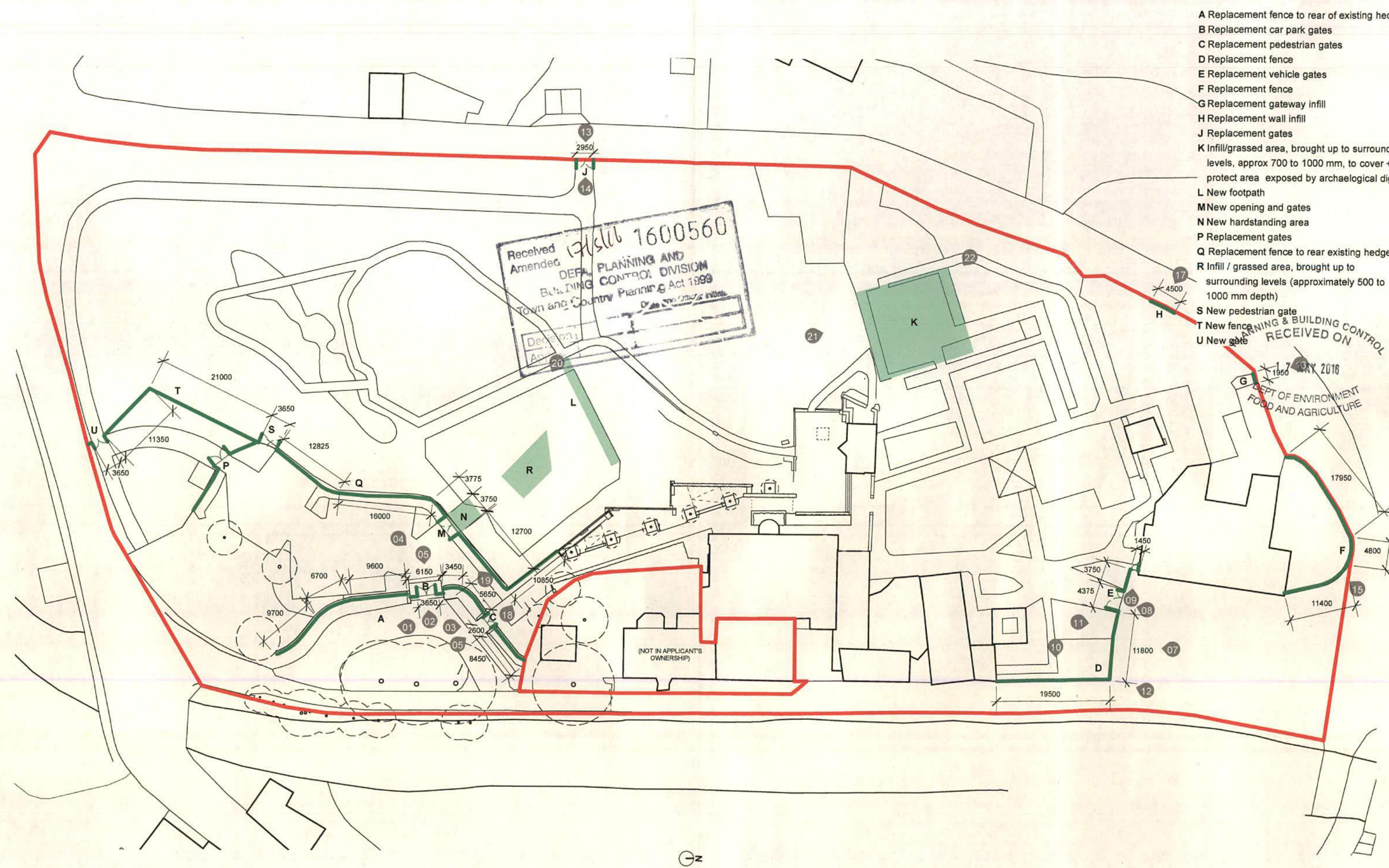 This image shows a site plan illustrating proposed boundary works, including replacement fencing, new gates, and hardstanding areas. A legend on the right side lists specific items such as replacement fences and new f...