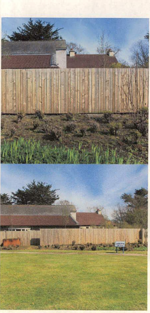 Two photographs showing a wooden fence running along a property boundary with buildings visible behind it and a grassy field in the foreground.
