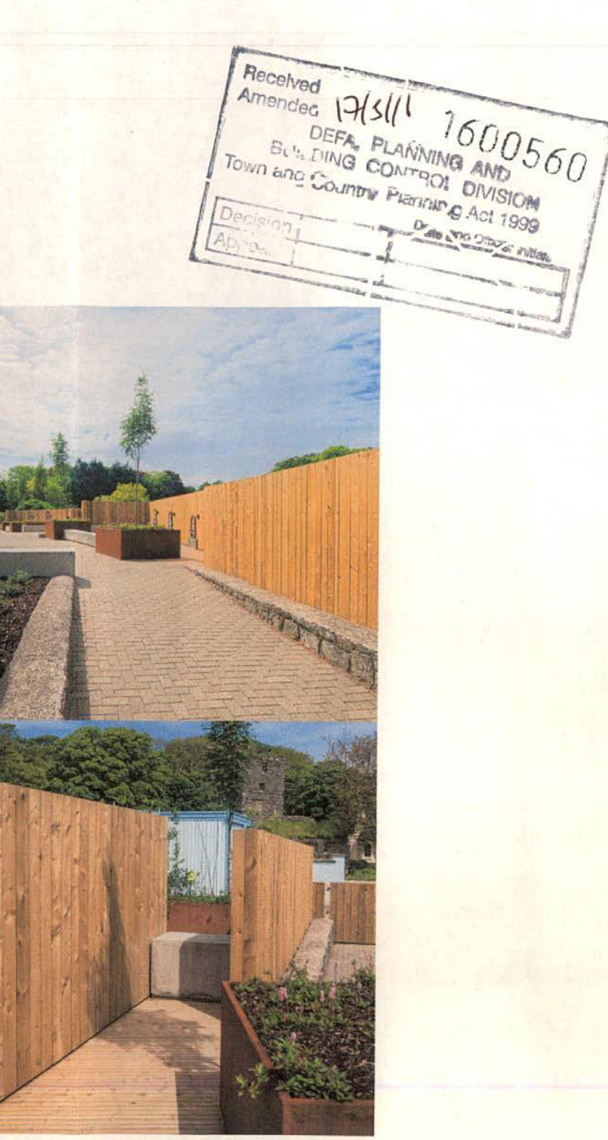 The image displays two photographs illustrating proposed landscaping works, including wooden fencing, paved pathways, and planters, situated below a planning department stamp.