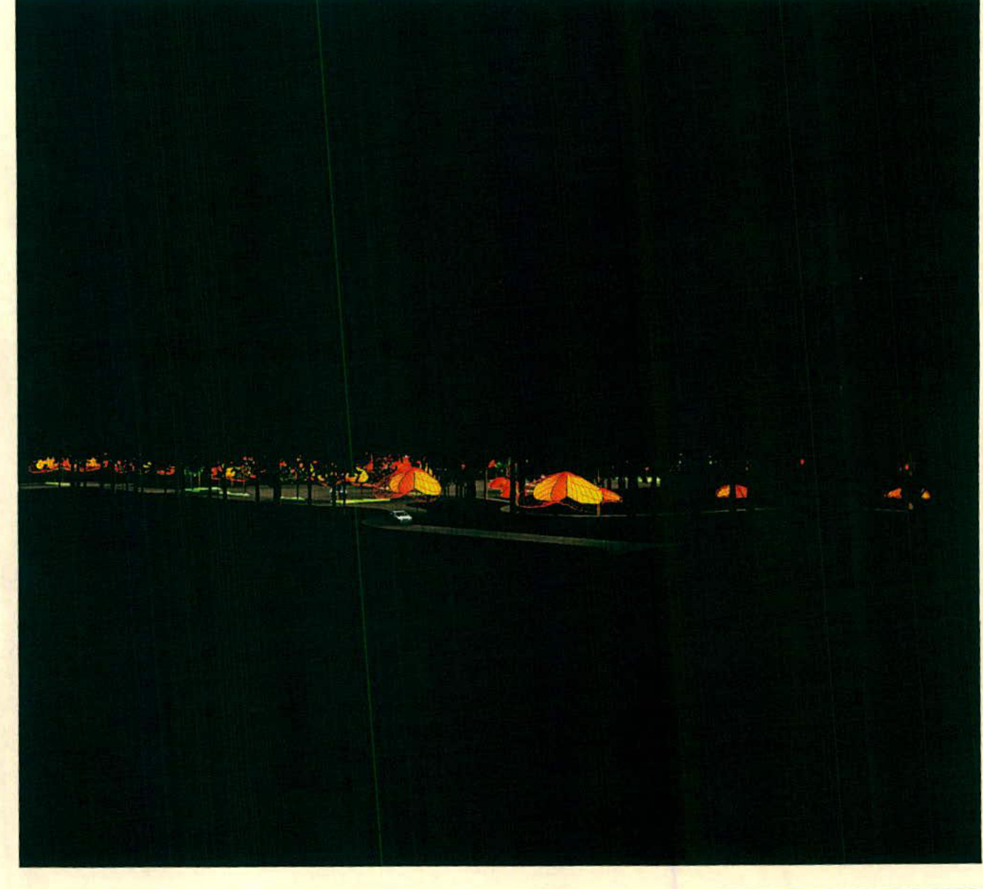 A dark night-time photograph showing illuminated orange ground features or temporary structures along a road, likely demonstrating lighting effects for a proposed facility.