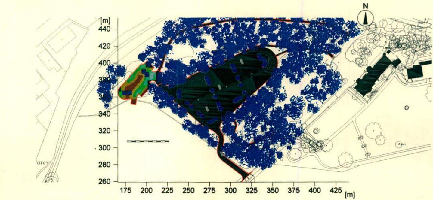 A technical site plan displaying topographical data, vegetation coverage in blue, and proposed access routes with coordinate axes.
