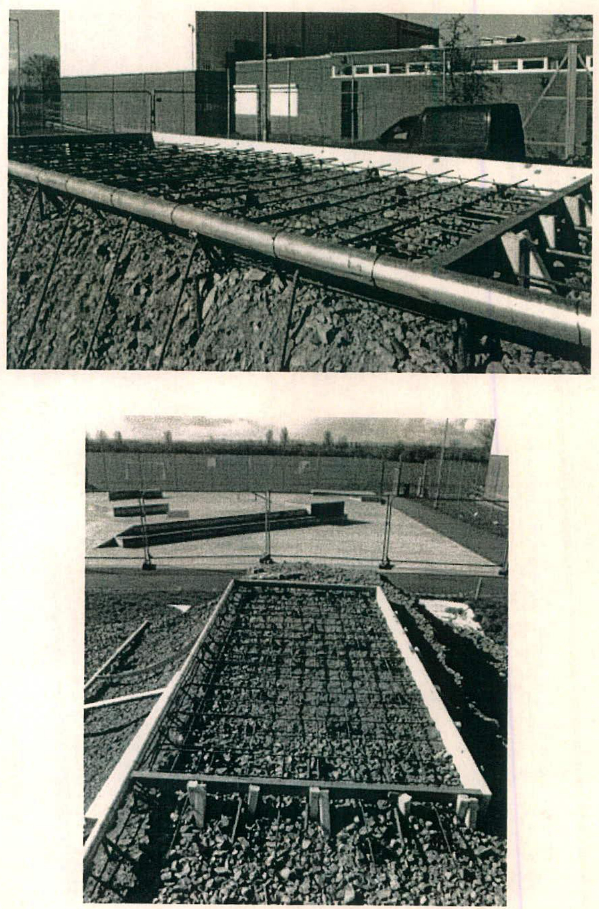 Two black and white photographs showing the construction of a skate park extension, featuring rebar reinforcement for concrete structures and a view of the existing park.