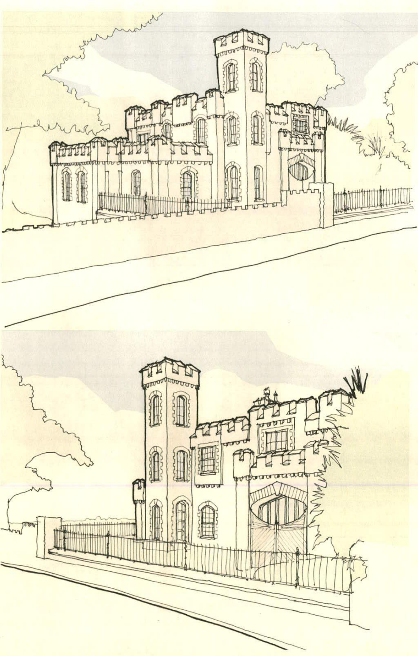 Two architectural sketches depicting a large, castle-like dwelling with towers and crenellations.