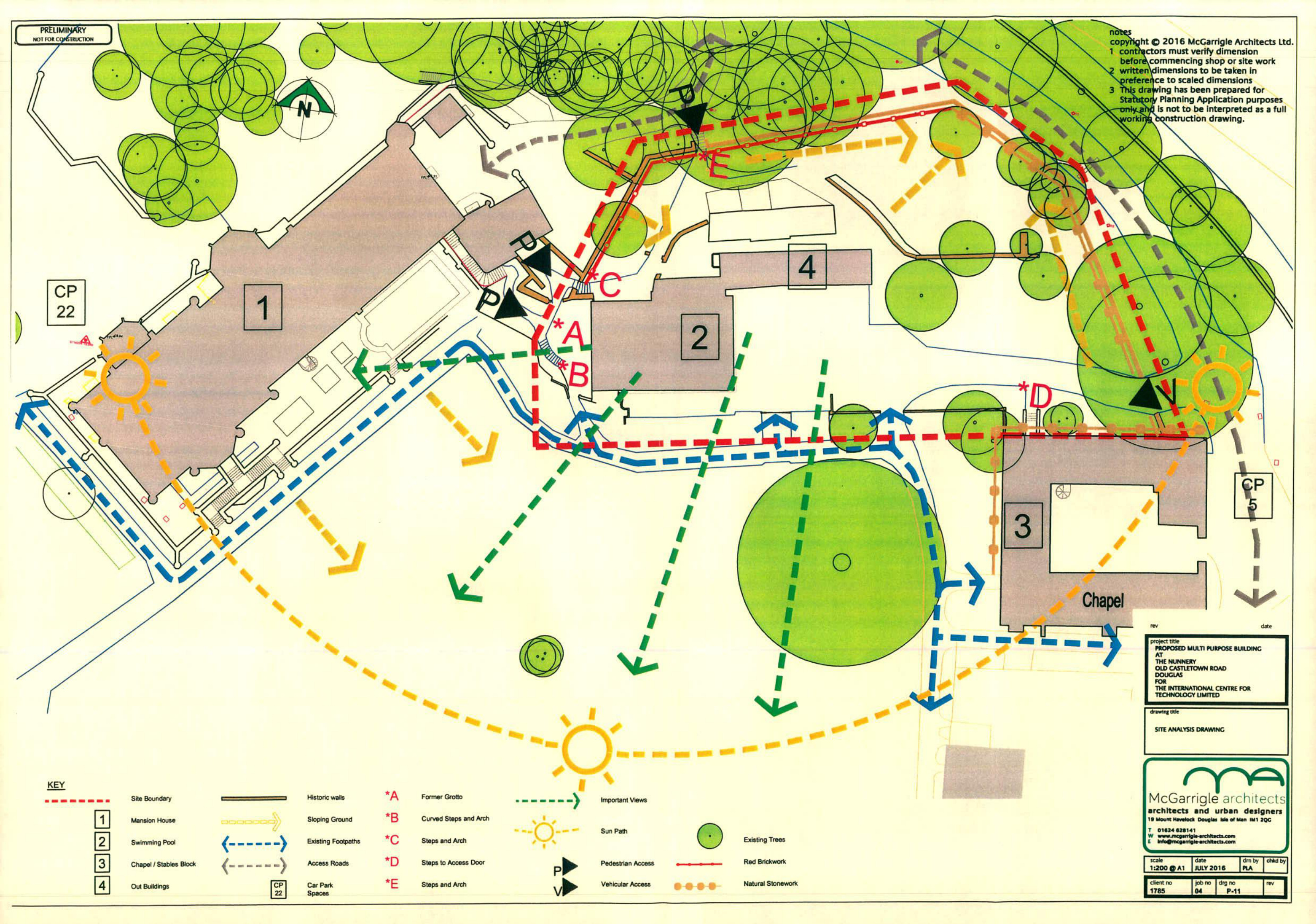 A technical site analysis drawing displaying building footprints, existing trees, sun paths, and access routes with a detailed legend.