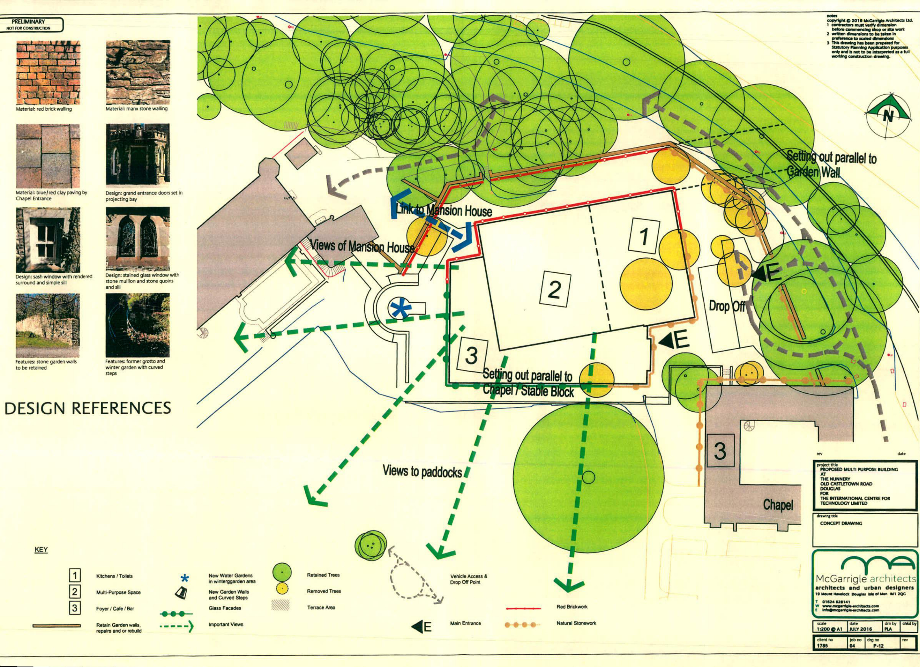 Architectural site plan showing proposed building footprint, landscaping, and design references for a multi-purpose building.