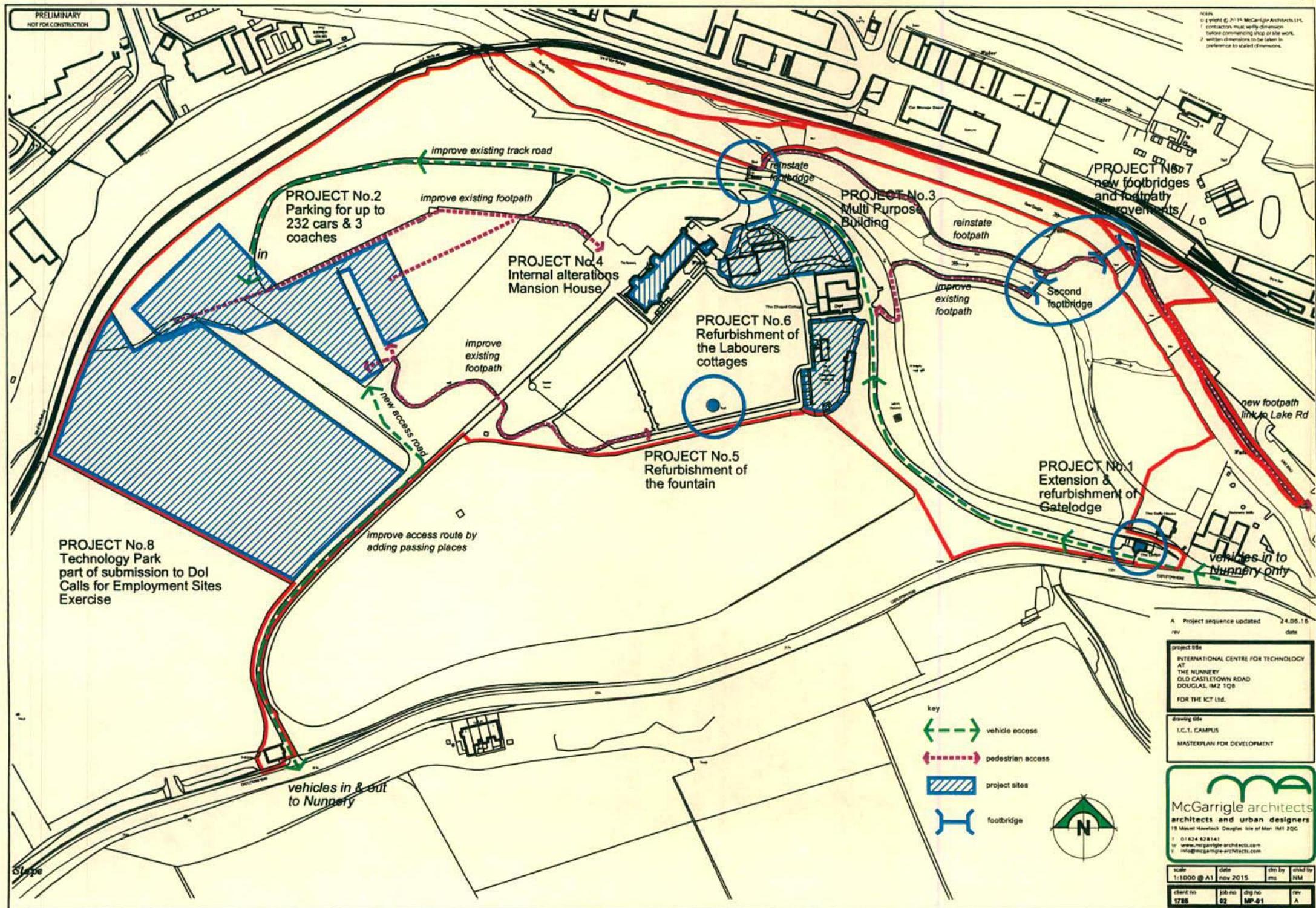 A detailed site plan showing multiple project zones including a multi-purpose building, parking area, and refurbishment sites with access routes and footpaths.