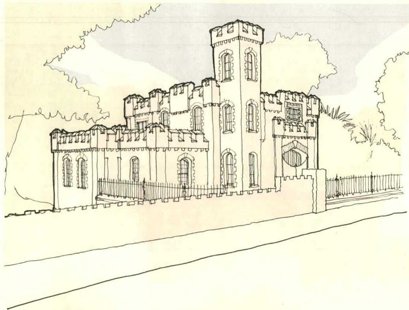 A line drawing sketch of a large, castle-like dwelling featuring a central tower, crenellated walls, and arched windows.