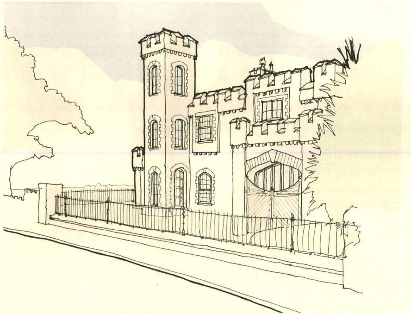 Architectural elevation sketch of a castle-style building featuring a tower, crenellations, and a large arched gateway with a fence.