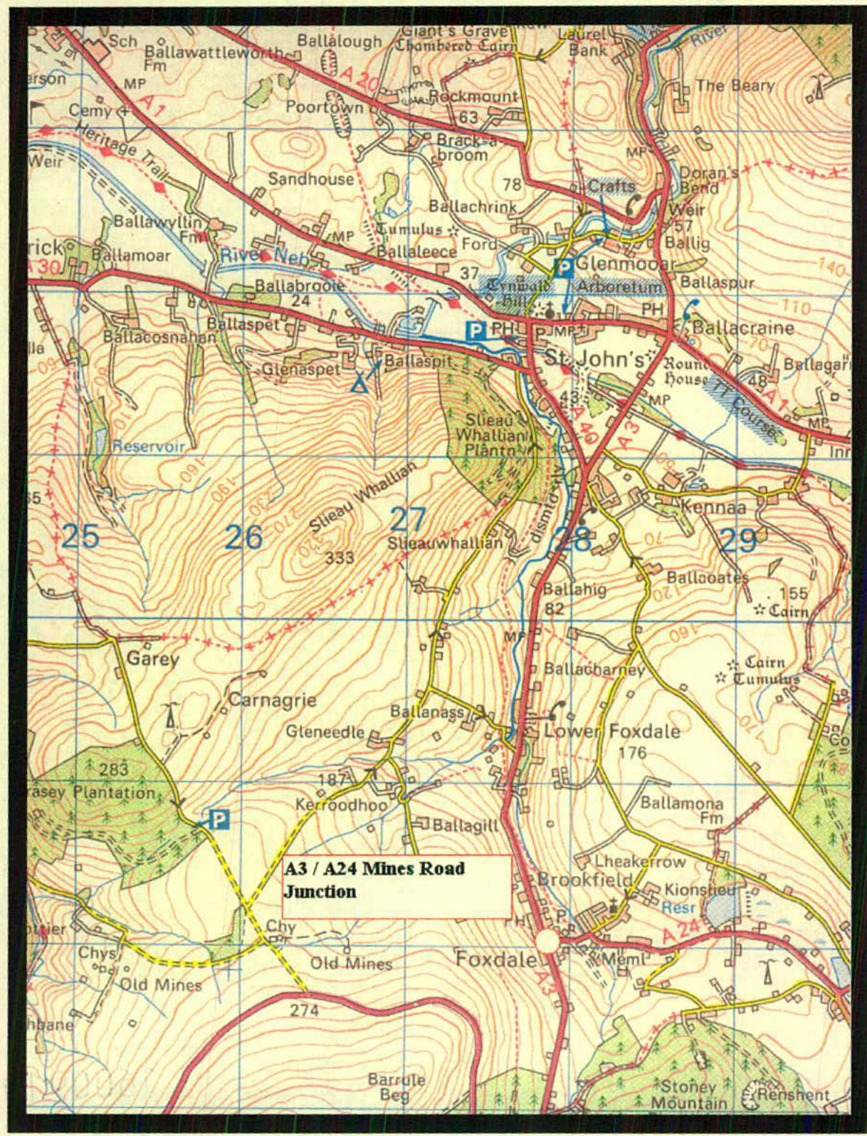 This image displays a topographical location map showing the area around St John's and Foxdale, highlighting road networks including the A3 and A24.
