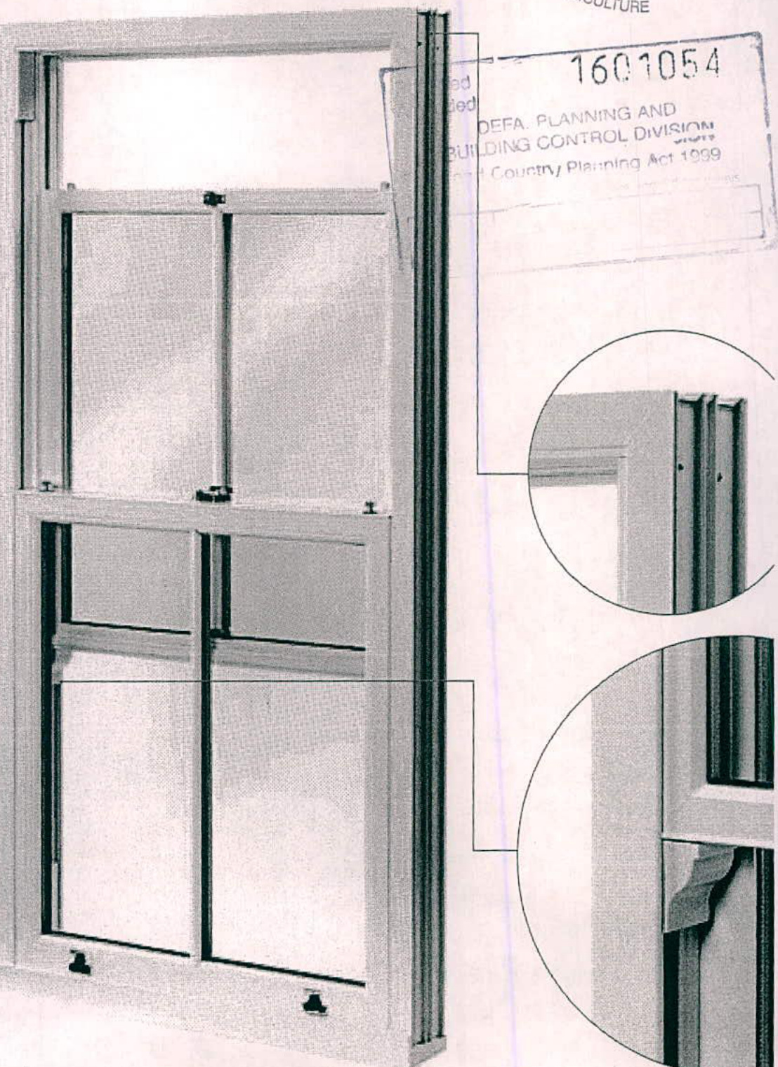 Architectural drawing showing a detailed elevation and cross-section of a window frame with callout details.