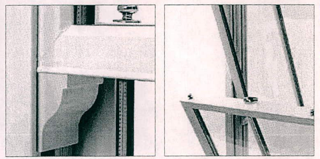 Technical architectural drawings showing detailed sections of window frames and hardware mechanisms.