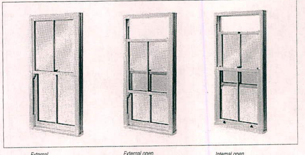 Technical drawing illustrating three variations of window designs with labels indicating external and internal opening mechanisms.