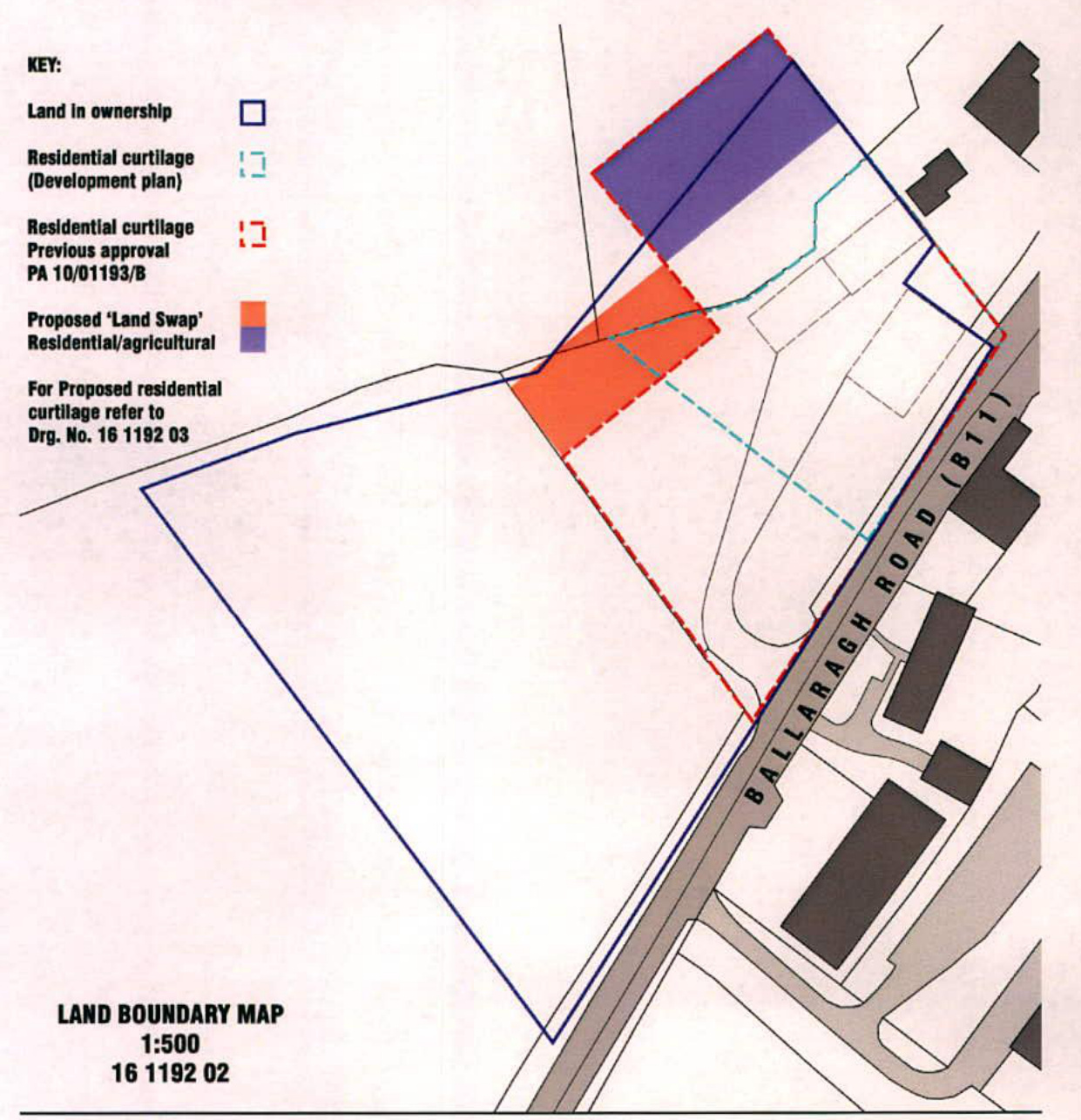 This is a 1:500 scale land boundary map showing ownership lines, curtilage areas, and a proposed land swap adjacent to Ballaragh Road.
