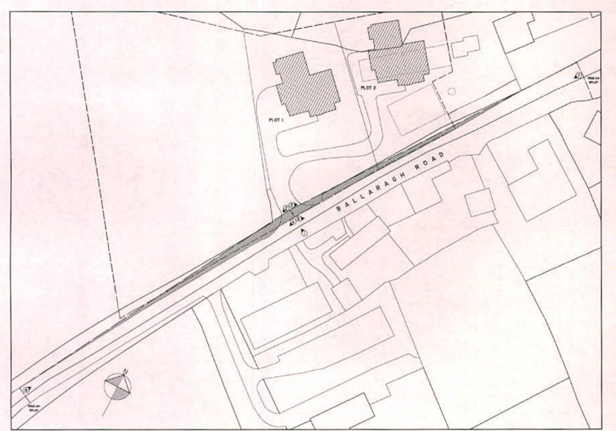 A site plan showing two proposed plots labeled Plot 1 and Plot 2 situated along Ballaragh Road with surrounding property boundaries.