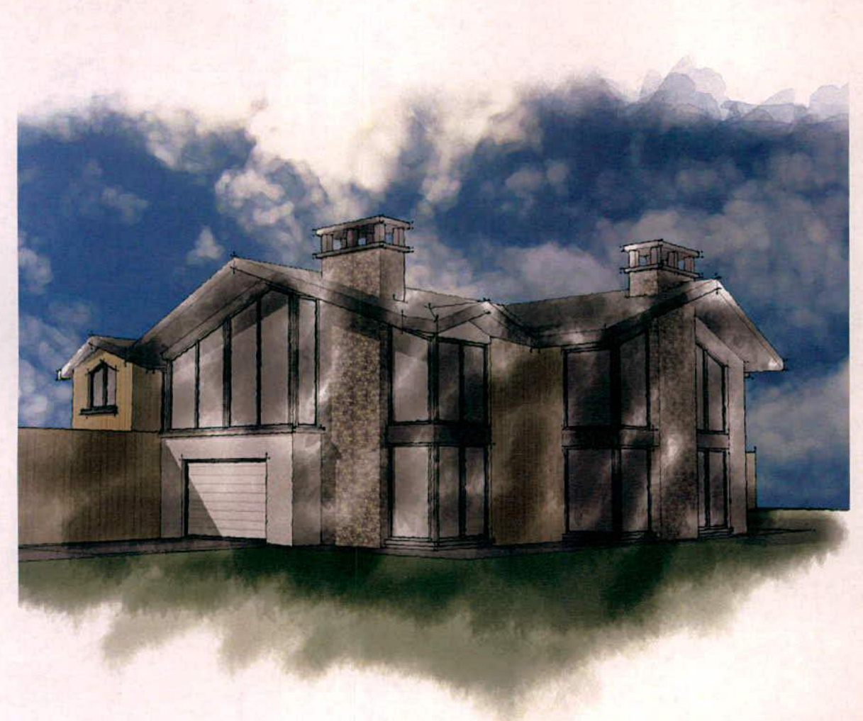An artistic perspective sketch rendering of a large modern detached house featuring a garage and chimneys.