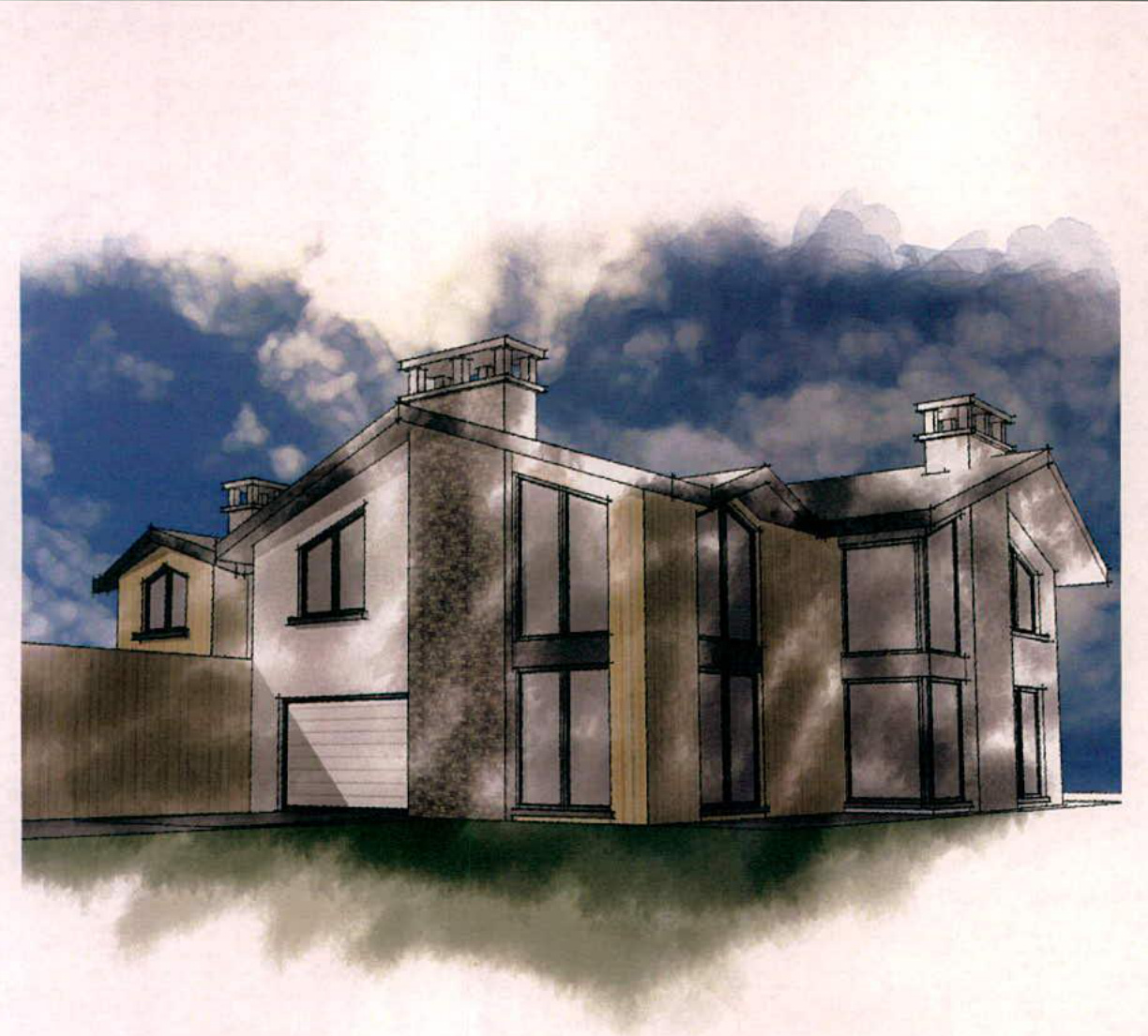 An architectural elevation sketch of a modern detached house featuring a garage and large windows.