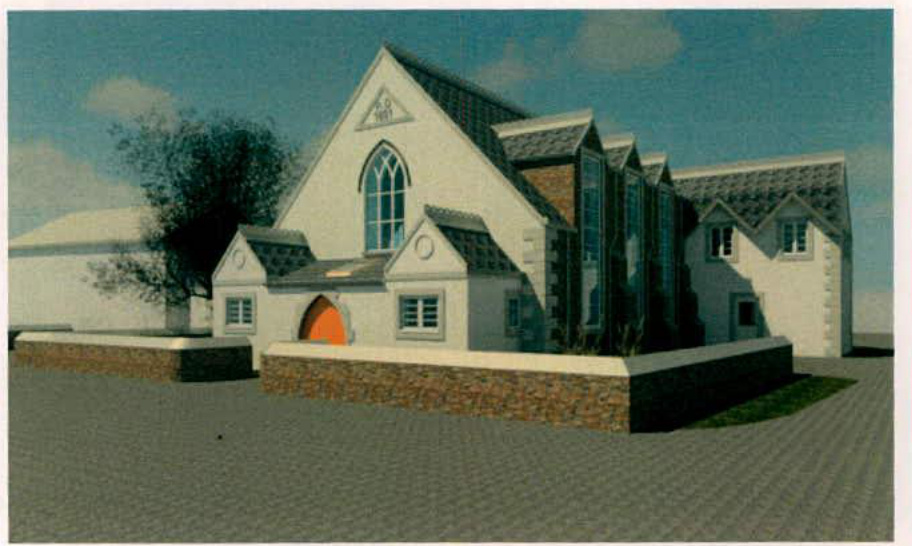 A 3D architectural perspective rendering of a proposed residential conversion featuring a white building with a pointed arch window and a new paved driveway.